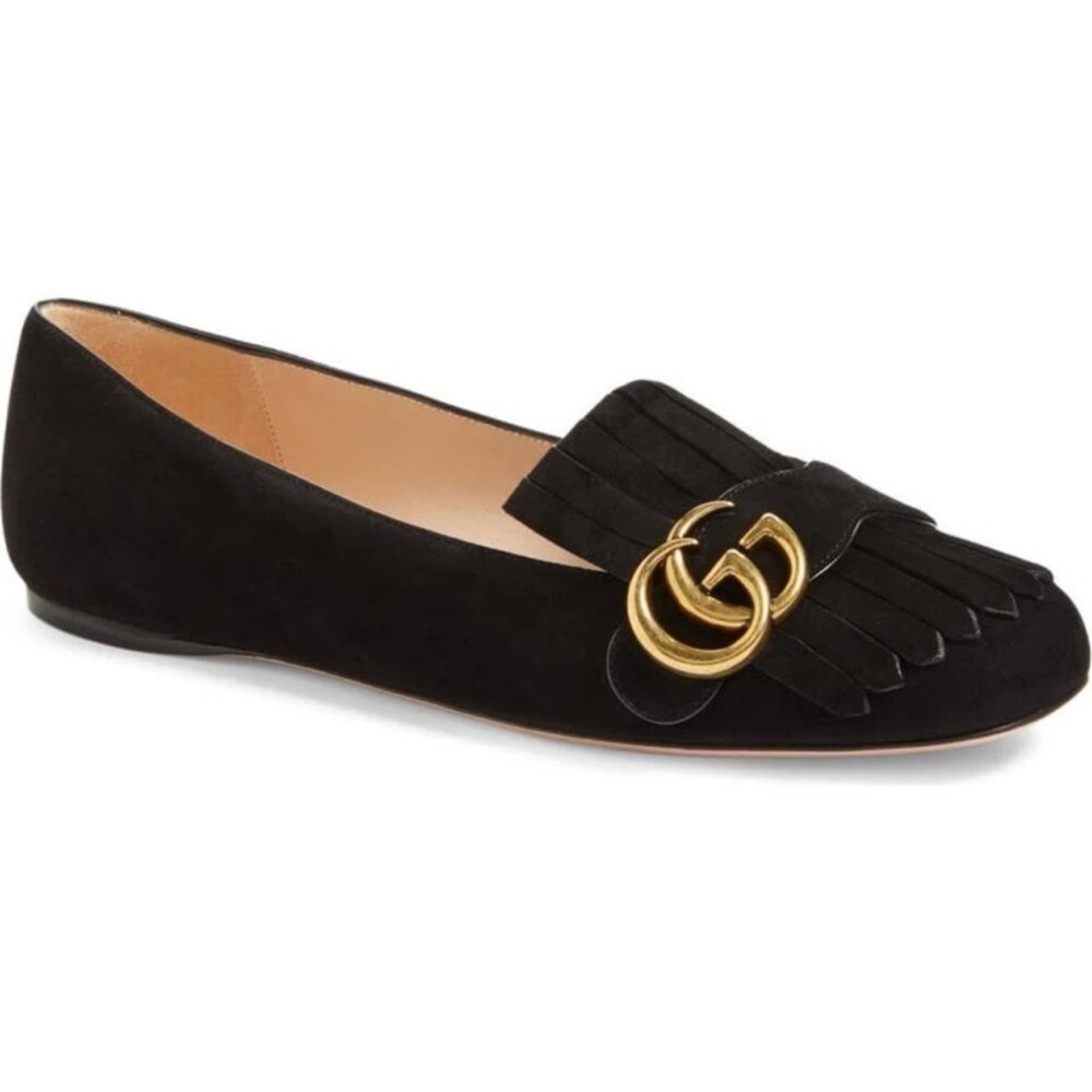Gucci Black Suede GG Marmont Fringe Ballet Flats Loafers
